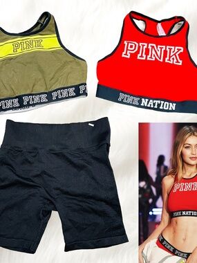 Lot of 3 Victoria's Secret PINK racer back Sports Bra biker shorts Bundle M gym